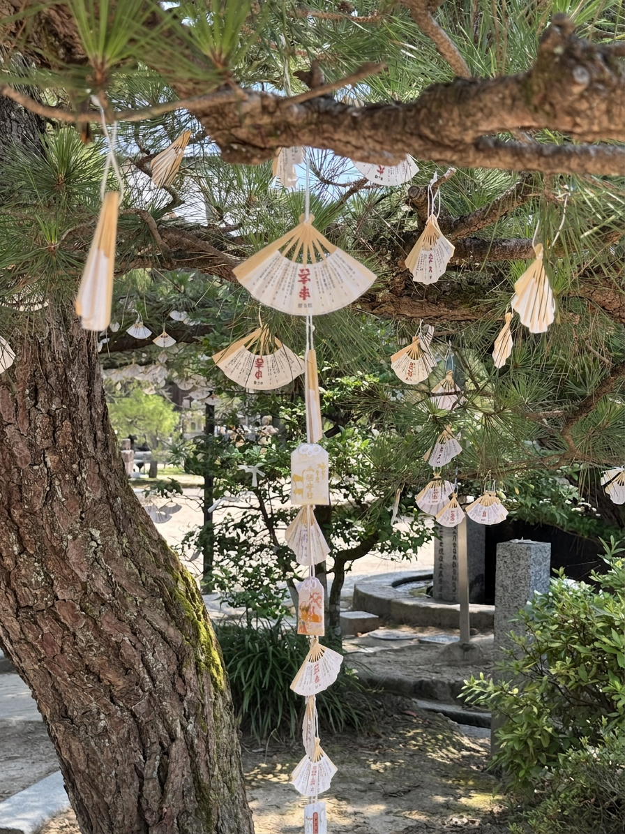 天橋立 松の木にぶら下がる小さな扇子の形をしたお守りが飾られた風景